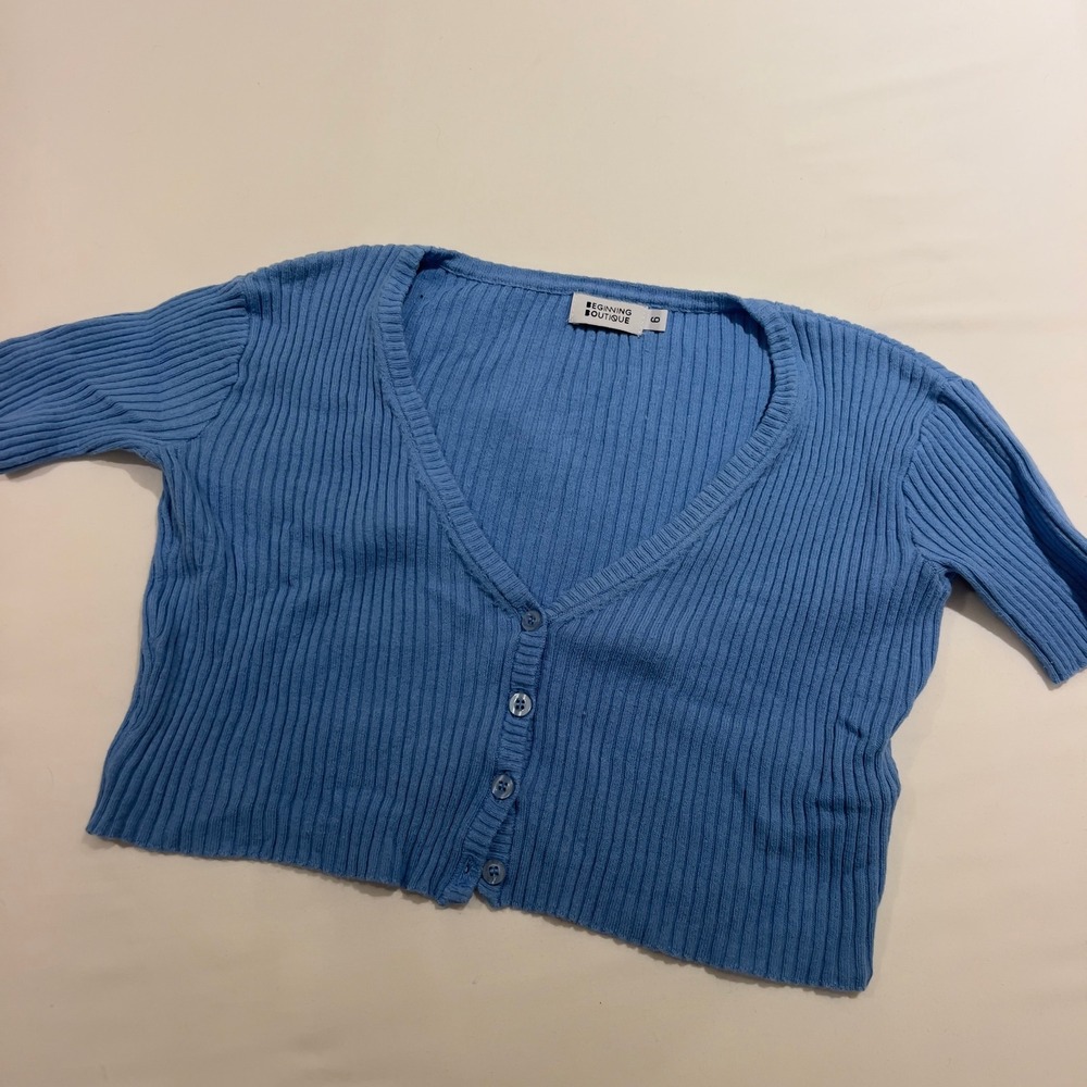 Beginning‎ Boutique Blue Ribbed Cropped Short Sleeve Cardigan V-Neck Size 6